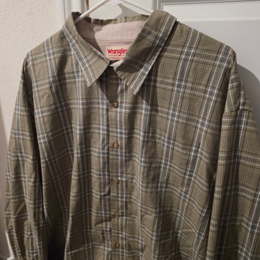 Wrangler Authentics Mens 3XL Plaid Button Down Shirt Olive Green Long Sleeve